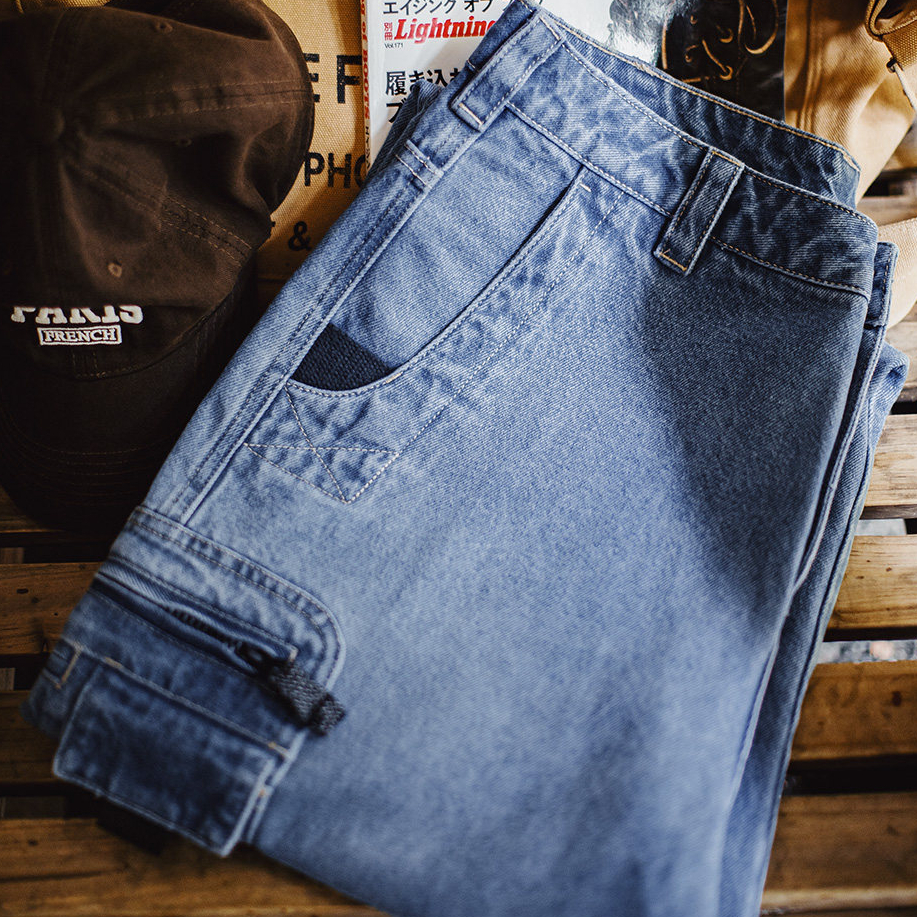 美式水洗牛仔褲丹寧寬鬆直筒日系口袋垂感休閒長褲子男春