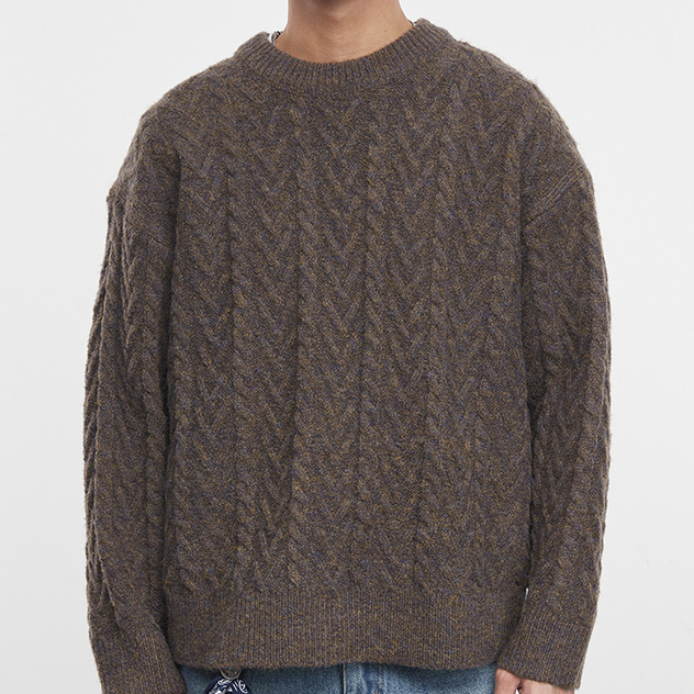 暖織秋冬季寬鬆絞花圓領套頭毛衣男士上衣潮流休閒針織衫