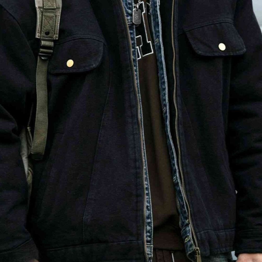 美式重工水洗底特律工装翻领棉衣男潮牌皮质贴标加厚棉服