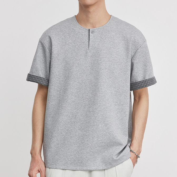 重磅260g格紋拼接小V領T恤男夏季亨利領寬鬆休閒街頭通勤短袖