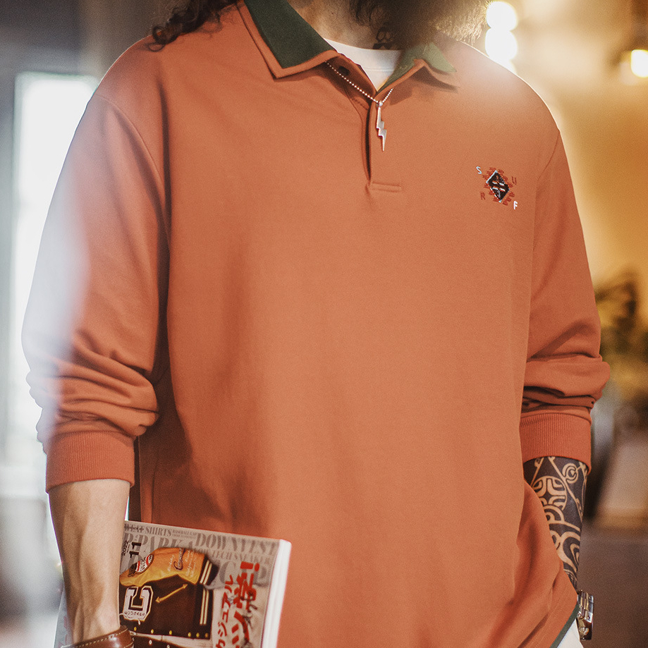 美式復古納瓦霍polo領衛衣假兩件長袖橘色針織polo衫男秋