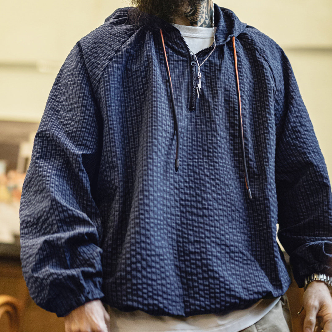 美式半拉鍊連帽衛衣肌理感泡泡紗藍色戶外薄款外套男春季