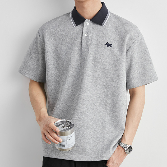 撞色領小狗刺繡Polo衫男夏季翻領寬鬆落肩短袖休閒通勤T恤