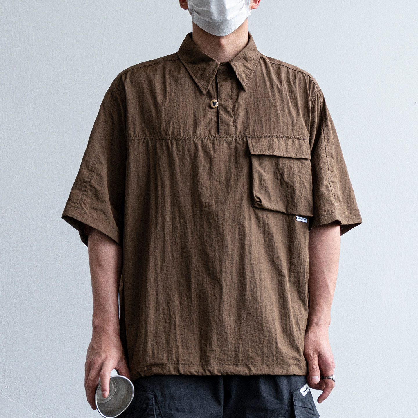 日系復古簡約貼袋套頭速幹短袖襯衫男士夏季輕薄透氣情侶工裝襯衣
