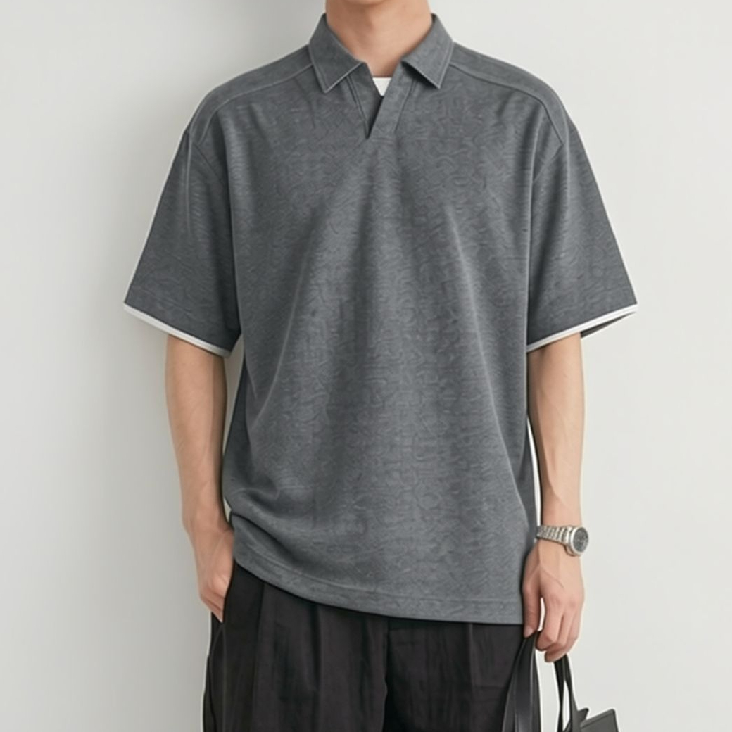 重磅假兩件短袖POLO衫挺括垂感寬鬆上衣男士春夏新款半開襟