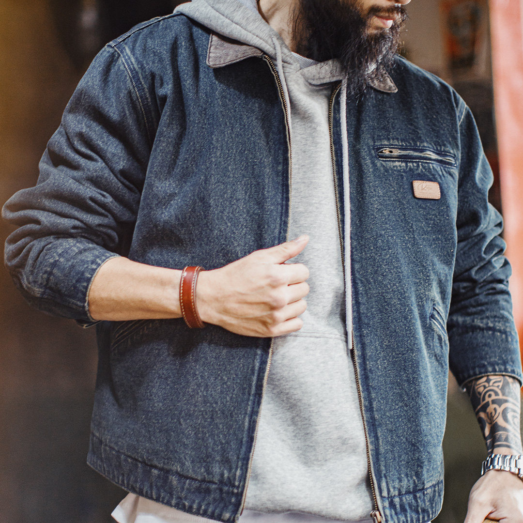 美式復古牛仔底特律夾克水洗做舊短款休閒翻領外套男款春