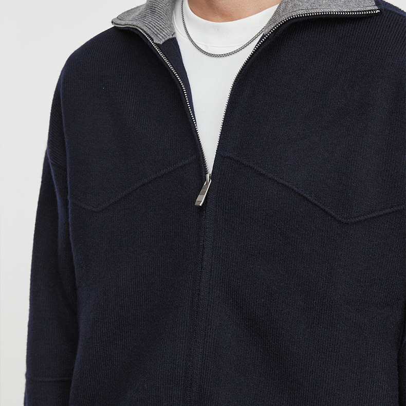 邃境秋冬簡約時尚拼色休閒輕奢針織衫痞帥翻領毛衣外套男