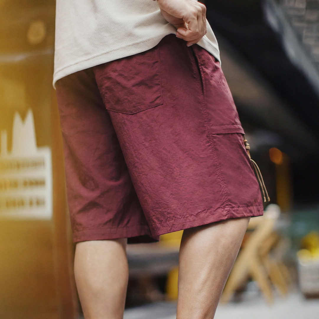 美式橫須賀刺繡短褲寬鬆紅色塔絲隆沙灘薄款五分褲男夏季