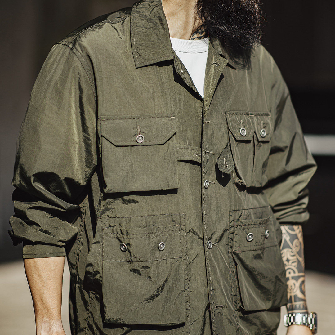 美式復古獵裝襯衫薄款梭織多口袋軍綠色長袖襯衫外套男春