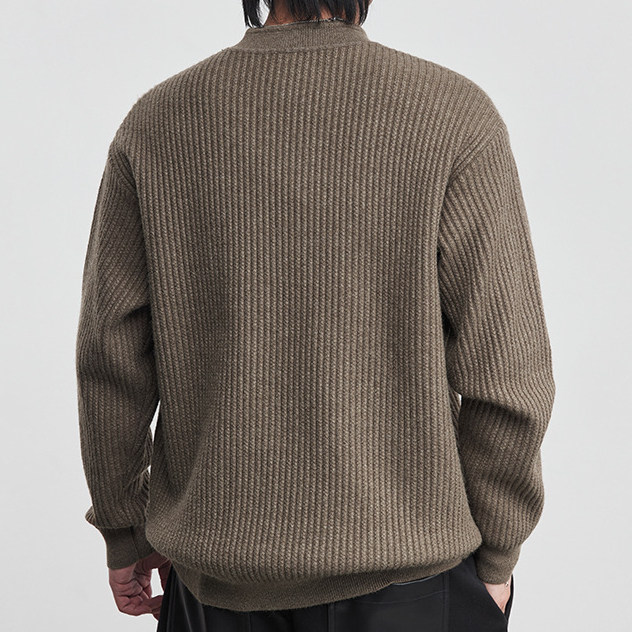 7針亨利領豎紋針織衫男2026春寬鬆立體純色百搭長袖套頭衫