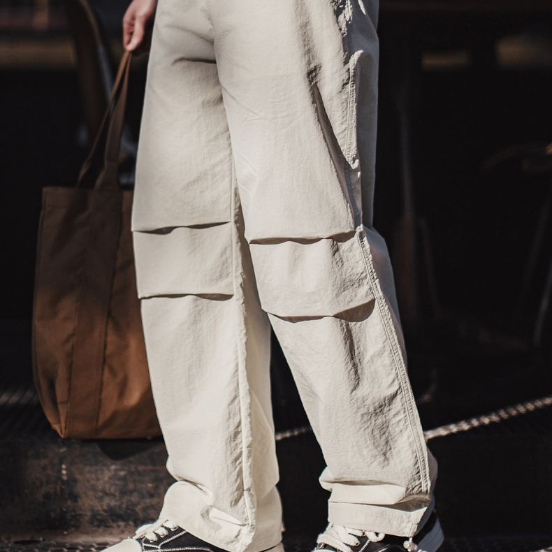 美式復古3D褶皺傘兵褲尼龍肌理感休閒褲vibe直筒長褲男春