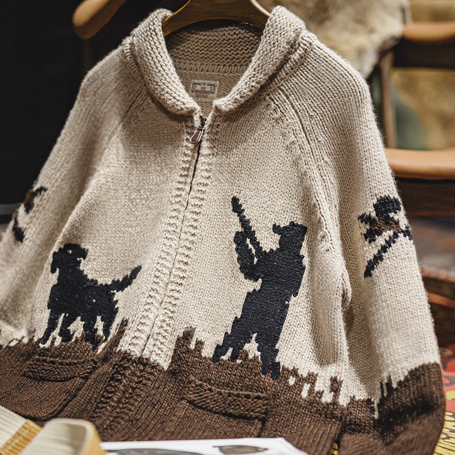 美式復古刺繡青果領毛衣卡其色開衫老錢風毛衫外套男秋冬
