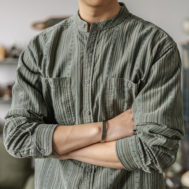 美式民族風圓領長袖襯衫男 條紋亨利立領寬松襯衣秋