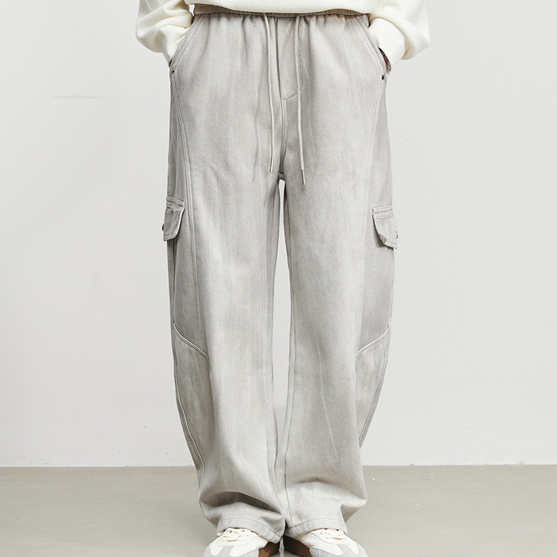 素韻加絨彎刀牛仔褲工裝褲男秋冬季新款寬鬆闊腿保暖褲子