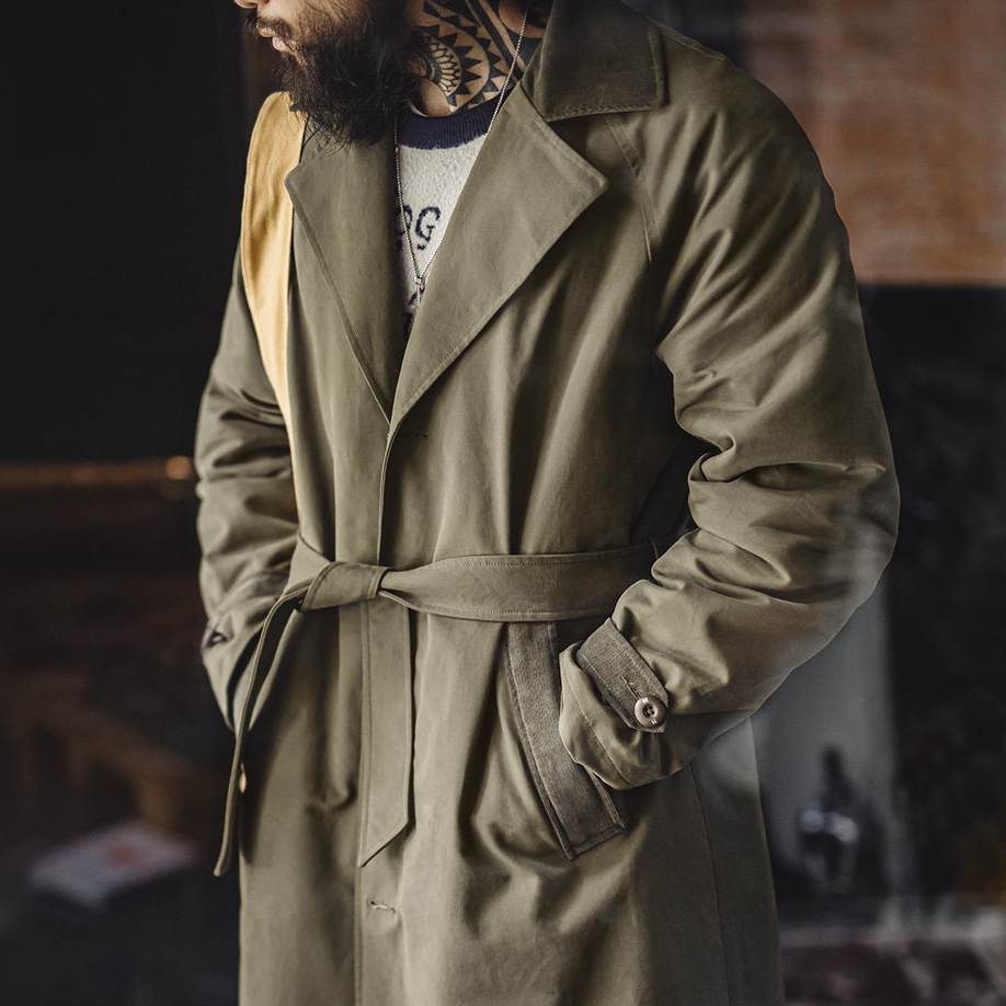 美式復古戰壕風衣軍綠色中長款翻領純棉大衣外套男款春
