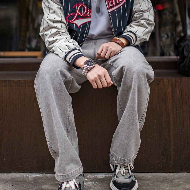 美式復古水洗做舊格雷系灰牛仔褲破洞貓鬚伐木直筒褲男春