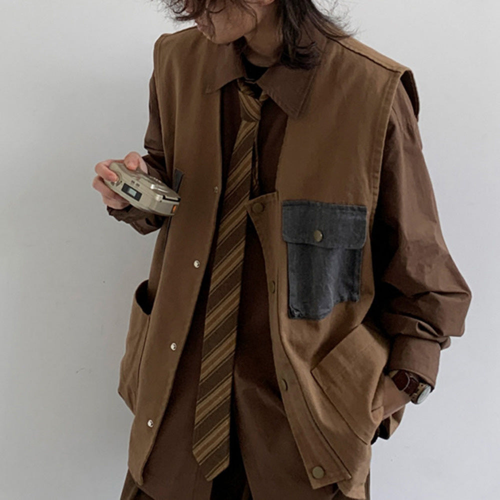 秋美式復古山系工裝馬甲男女生寬松阿美咔叽拼接咖色褂子