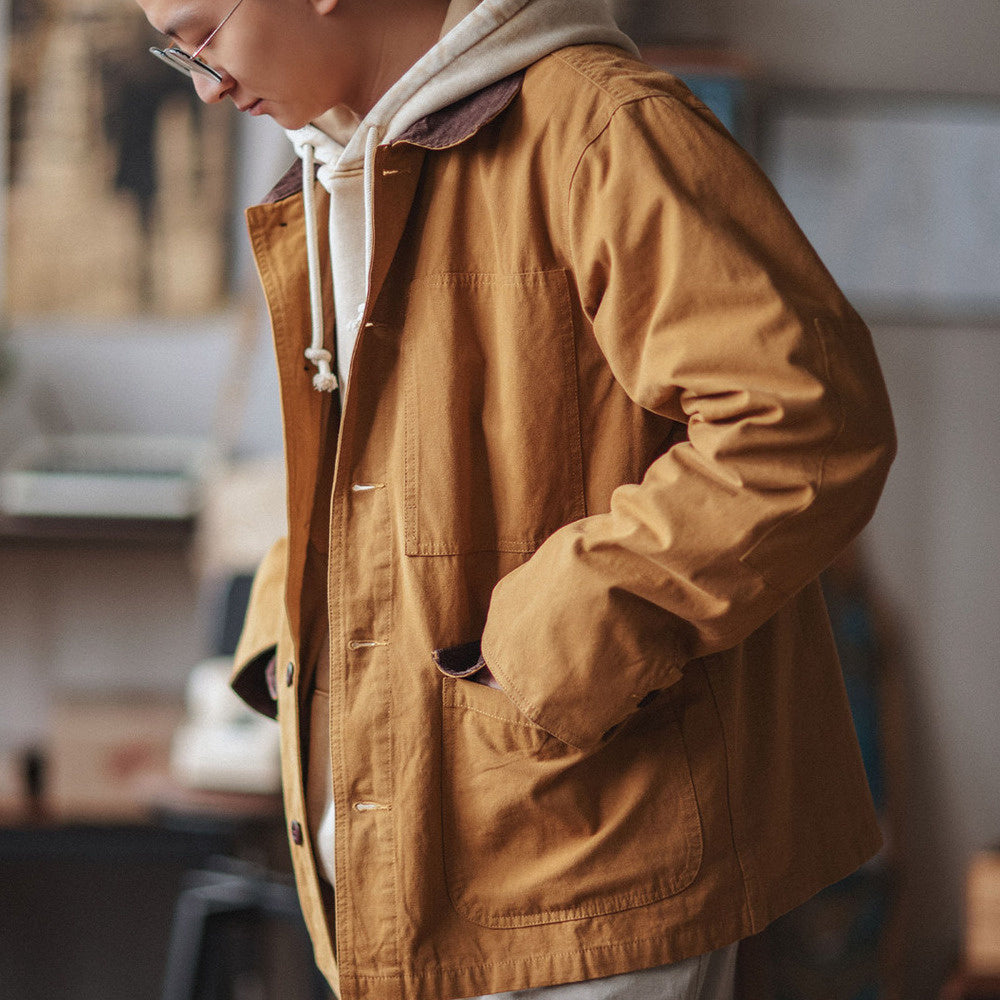 阿美咔叽密歇根鐵路工裝口袋夾克 美式拼色翻領寬松外套