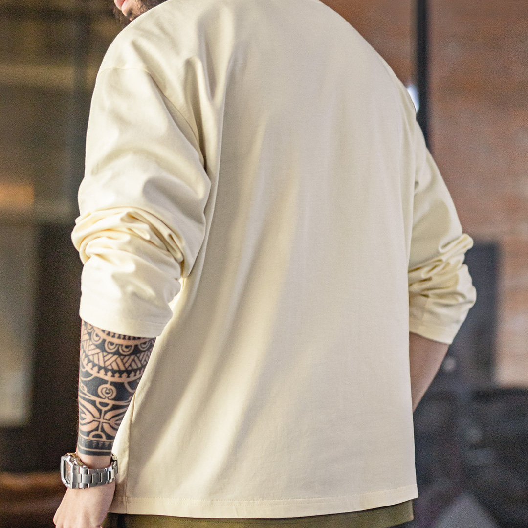 美式印花口袋長袖T恤純全棉舒適圓領打底內搭體恤男款春