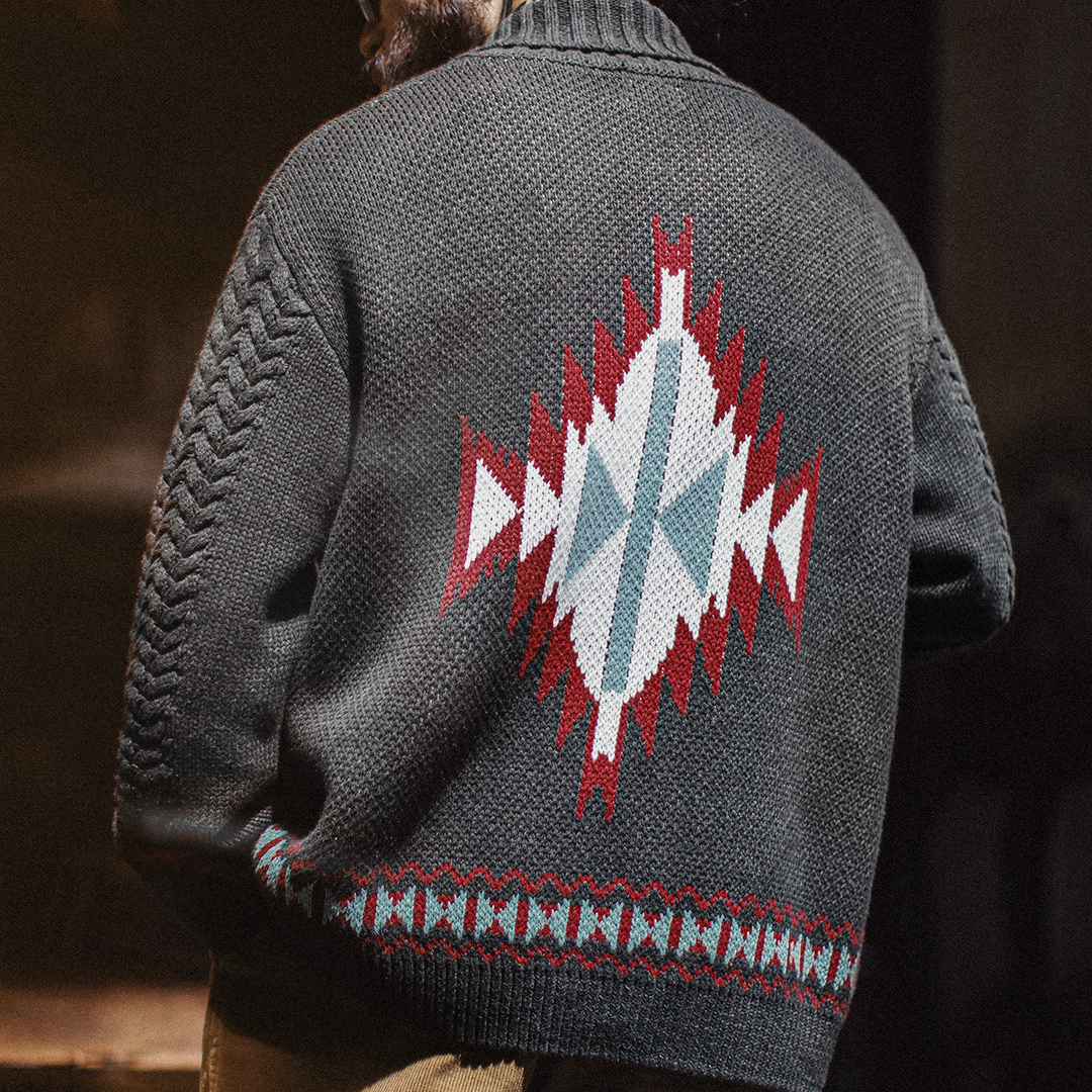 美式復古考津毛衣外套印第安青果領開衫針織毛衫男秋冬