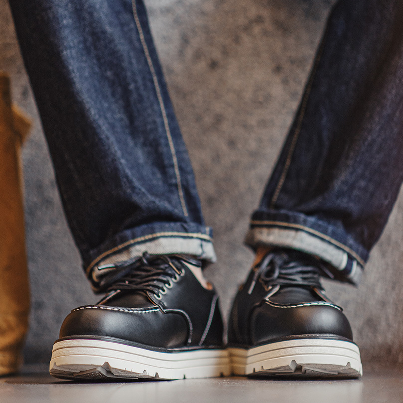 秋季新款莫卡辛美式復古工裝鞋男士厚軟底薄款黑色休閒皮鞋子