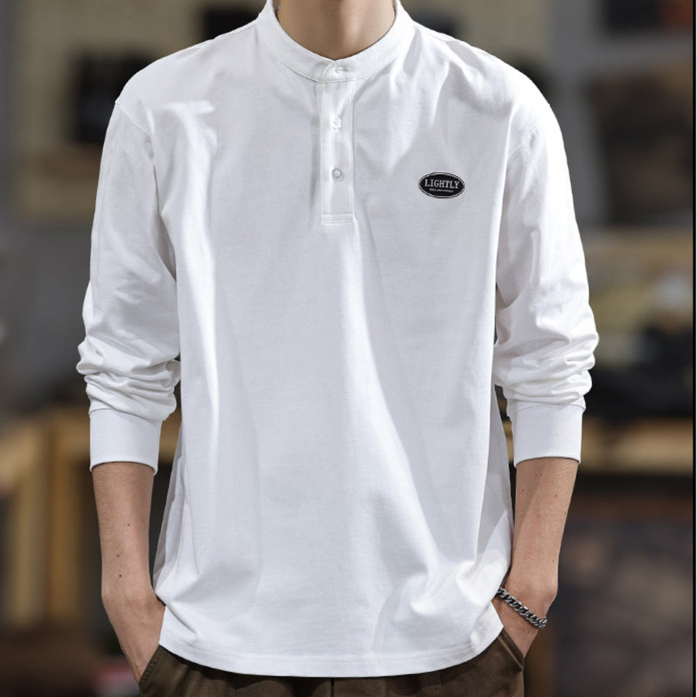 高端美式潮牌ins亨利領休閑男士長袖t恤寬松大碼百搭春季純棉衛衣