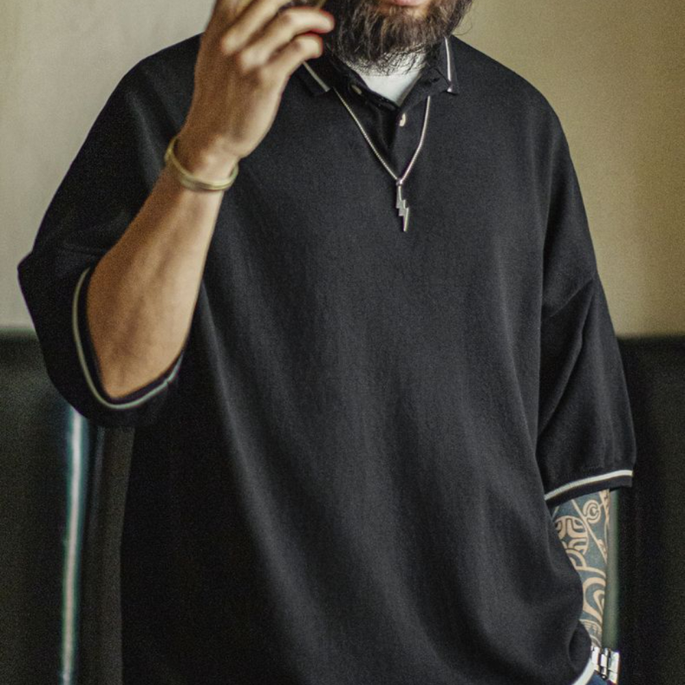 美式機能polo衫條紋老錢風山系黑色T恤寬鬆垂感短袖男夏