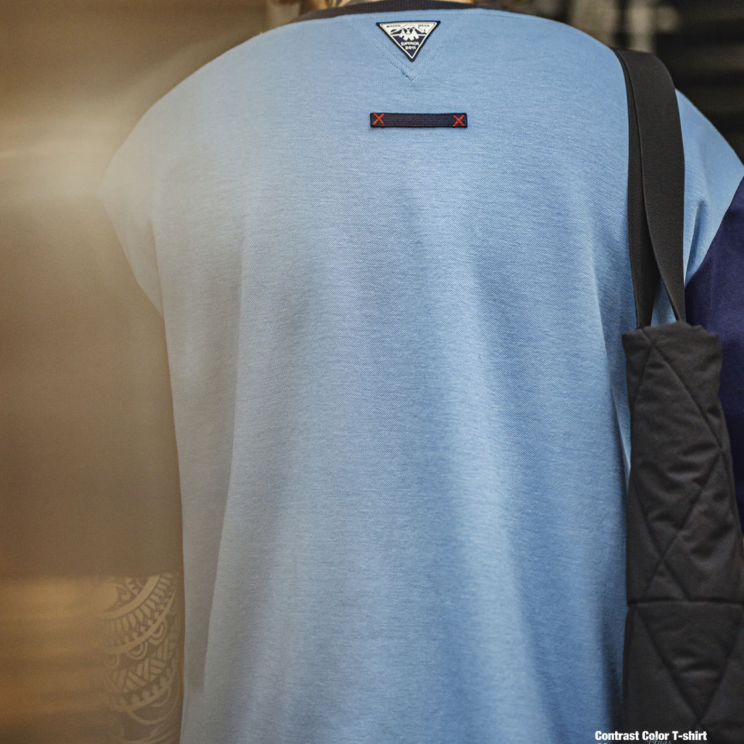 美式復古拼色T恤螺紋領口落肩袖寬鬆空氣層撞色短袖男夏