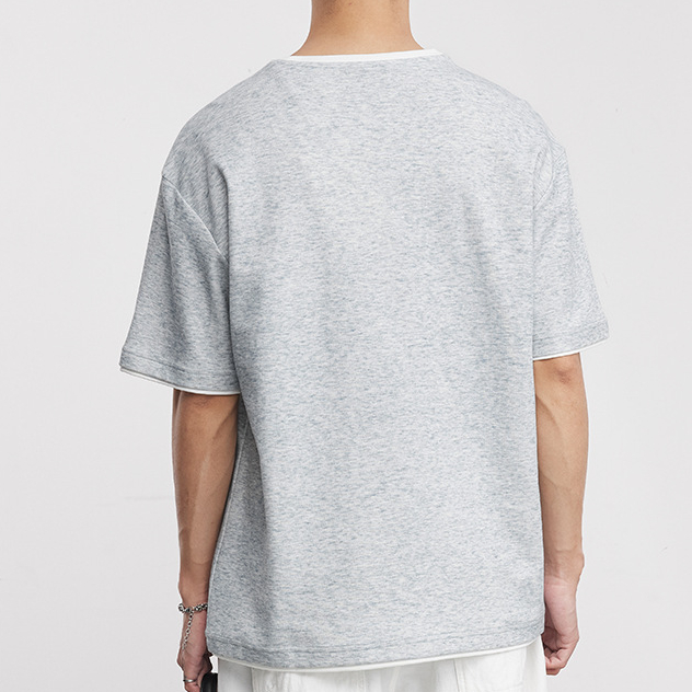 意式老錢風假兩件復古亨利領針織短袖T恤男美式純色休閒春夏