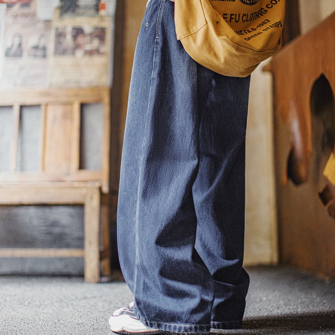 美式復古水洗彎刀牛仔褲丹寧闊腿垂感拖地休閒長褲子男秋
