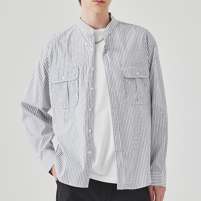 條紋襯衫男春季高級感痞帥商務休閒百搭立領長袖襯衣外套