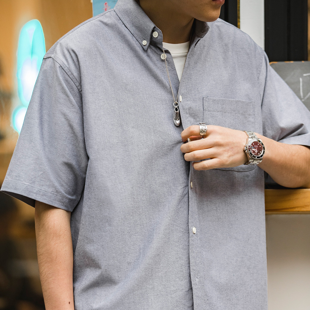 美式復古oversize白色疊穿短袖襯衫寬鬆cityboy襯衣男夏