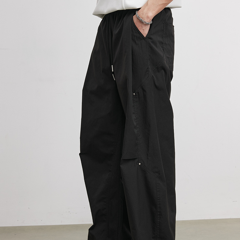 200g顯瘦抽繩闊腿褲男春季新款日系復古竹節紋戶外彎刀休閒褲