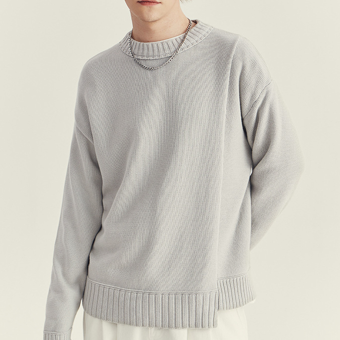 秋冬季圓領毛衣男士潮款韓版拼接寬鬆套頭針織衫長袖內搭