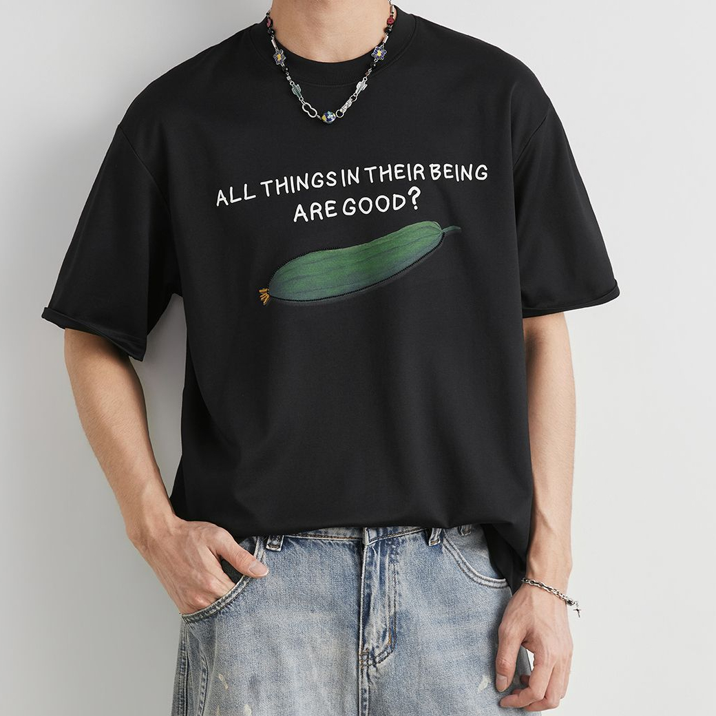 重磅210g莫代爾直噴趣味絲瓜印花短袖T恤男夏季寬鬆休閒半袖