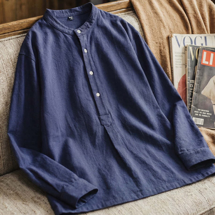 美式復古小立領長袖襯衫藏青色外穿純棉半高領T恤男款春