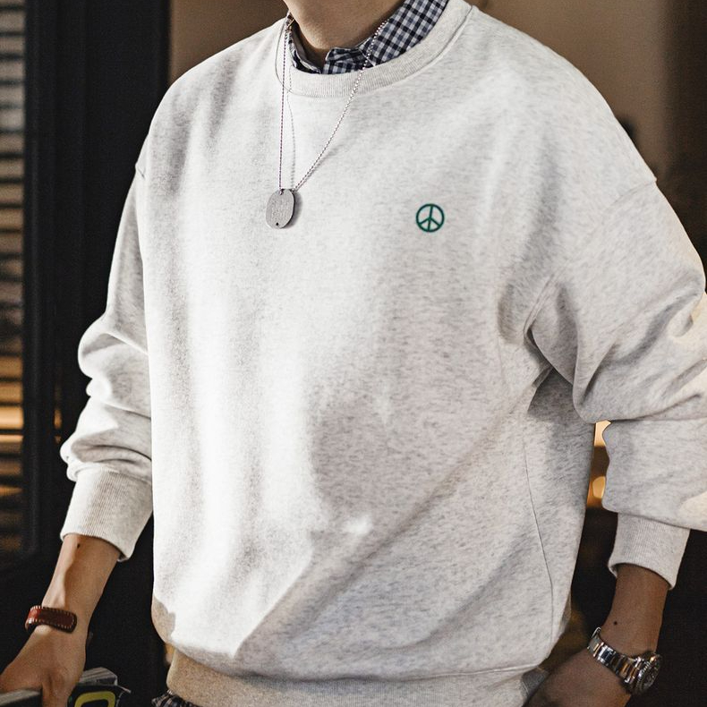 美式休閒灰色圓領加絨衛衣基礎寬鬆落肩打底上衣男秋冬季