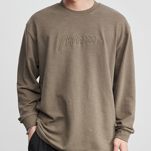棉紡長袖T恤簡約字母刺繡打底衫2026春季男圓領內搭純色上衣