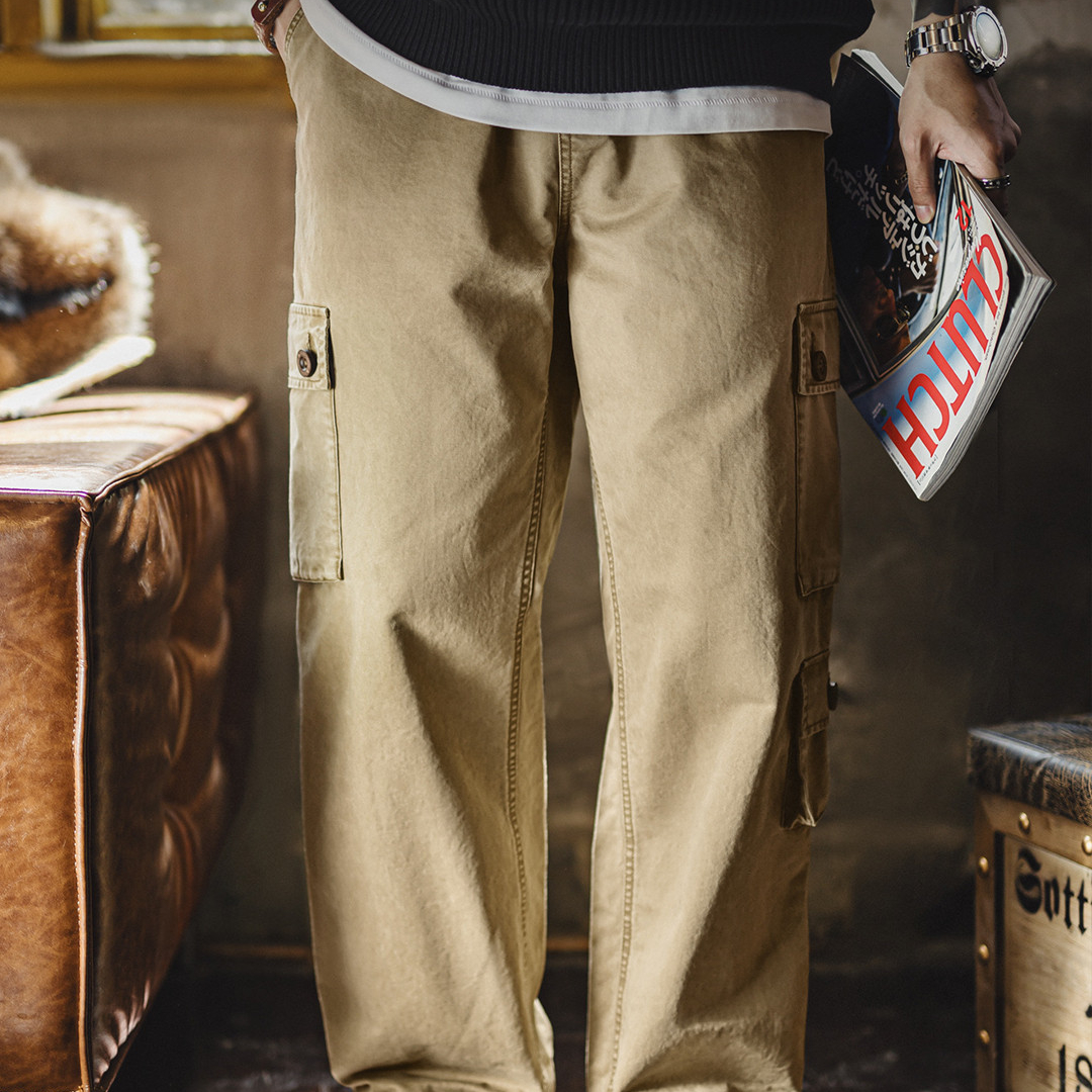 美式復古m51卡其色多口袋休閒褲水洗做舊直筒長褲子男秋