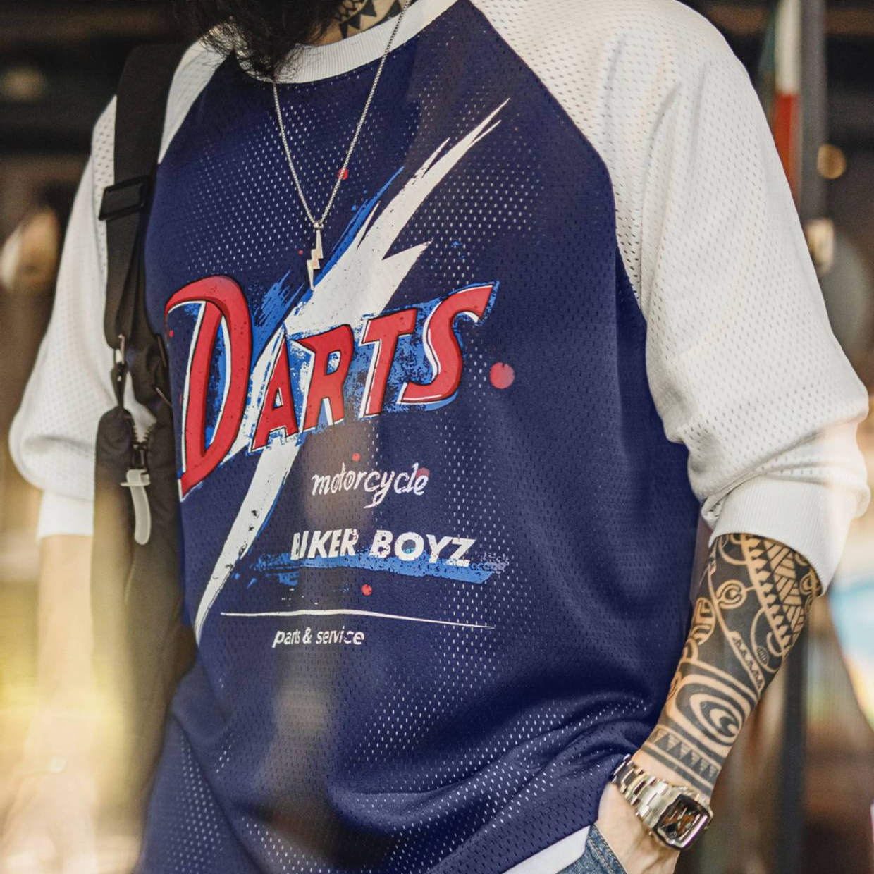 美式印花長袖T恤鏤空撞色針織插肩袖垂感套頭衛衣男夏秋