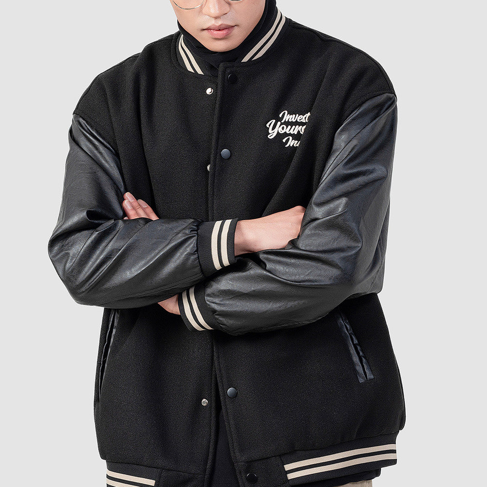 美式拼接pu皮棒球服外套男士春秋季情侶刺繡休閑夾克