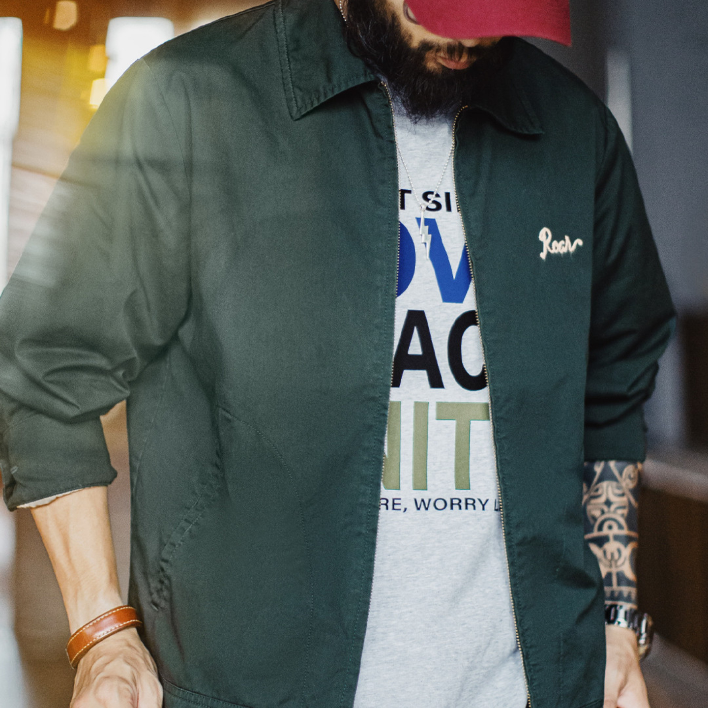 美式復古刺繡教練夾克翻領墨綠色純棉重磅長袖外套男秋