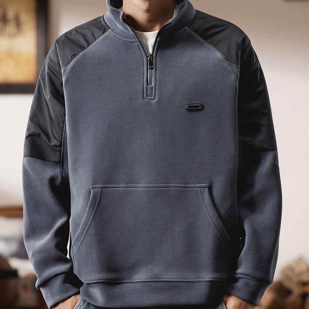 撞色拼接半拉鏈立領衛衣男士寬松休閑POLO衫秋冬季加絨外套男