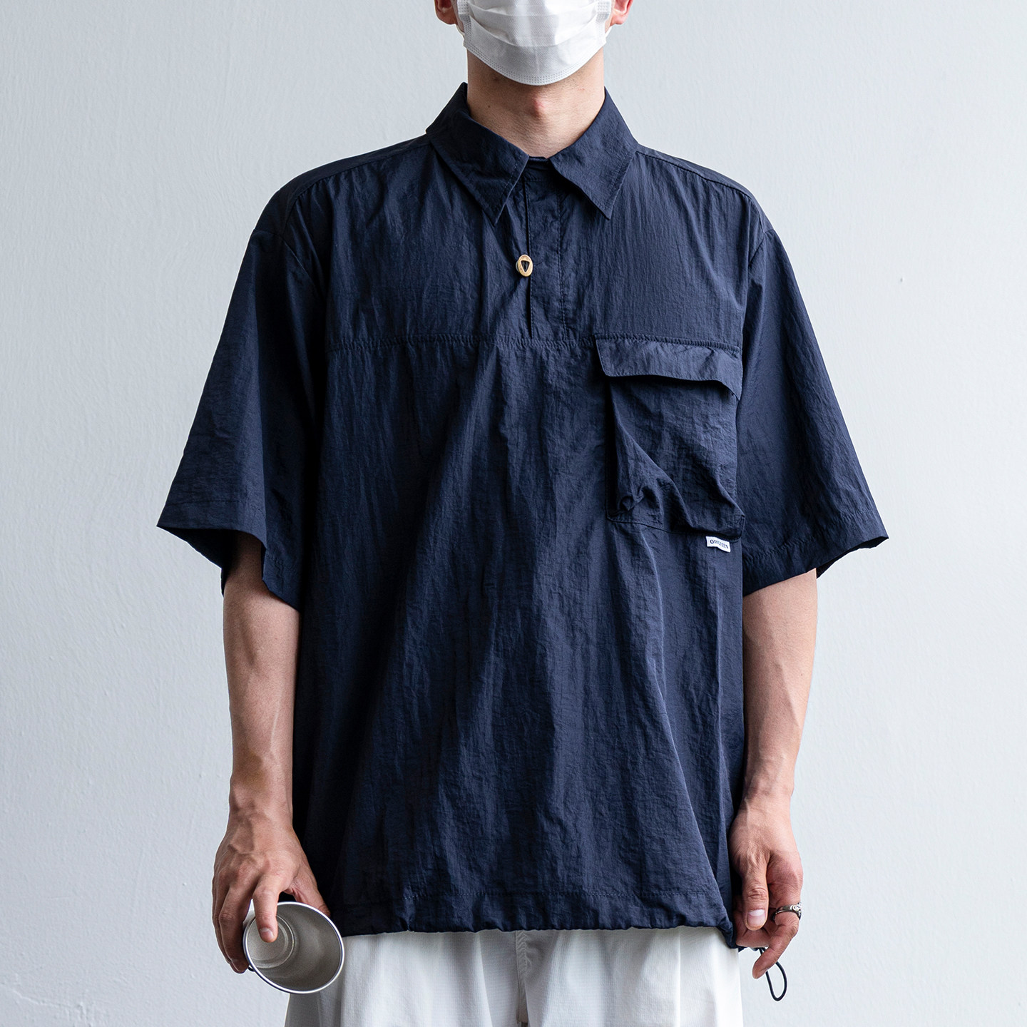 日系復古簡約貼袋套頭速幹短袖襯衫男士夏季輕薄透氣情侶工裝襯衣