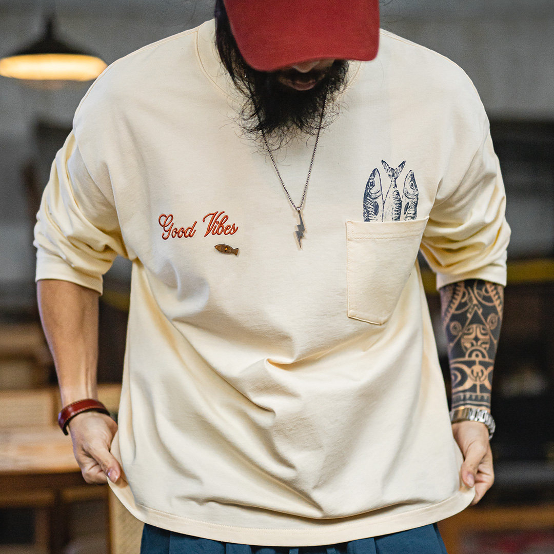 美式印花口袋長袖T恤純全棉舒適圓領打底內搭體恤男款春