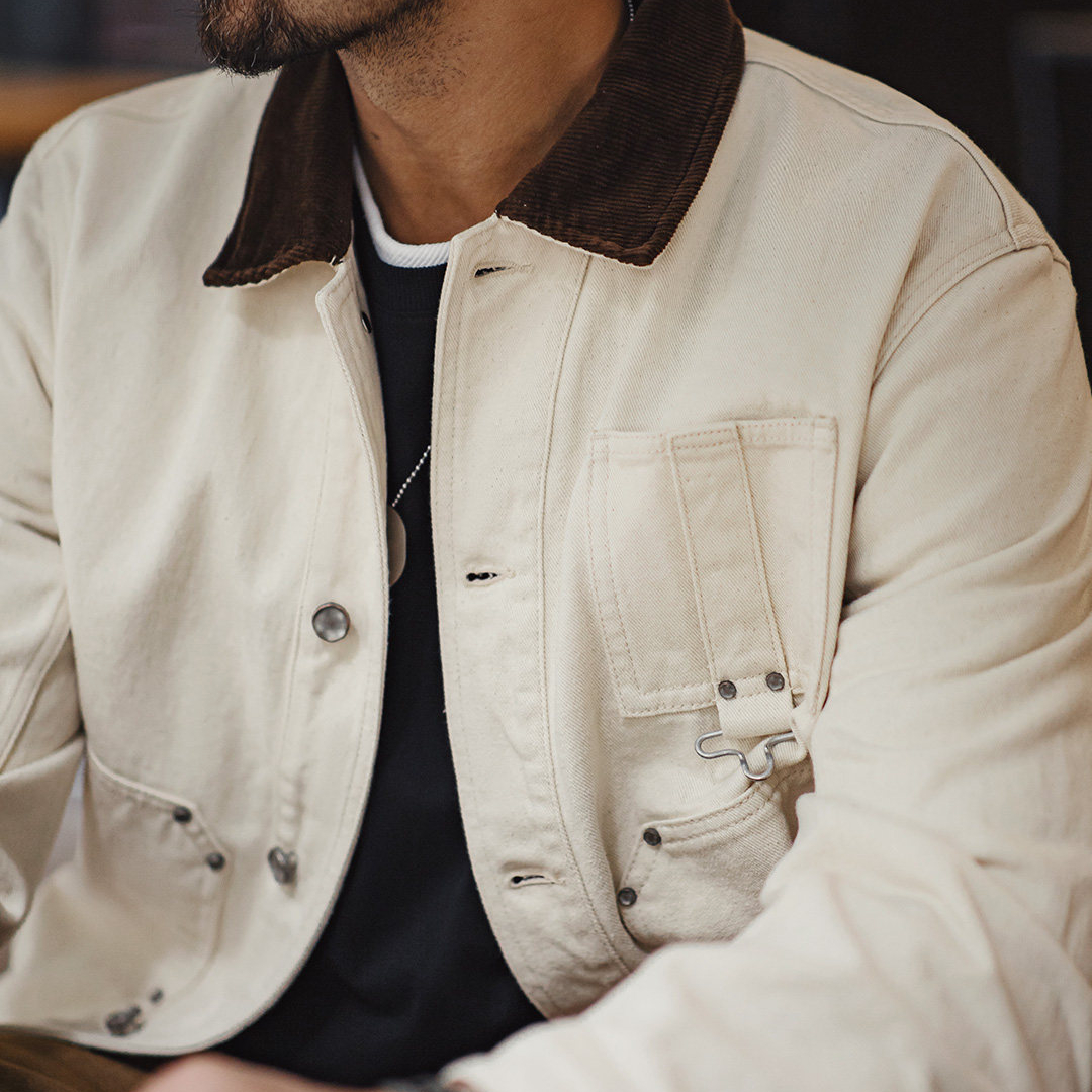 美式棉籽殼J22白色翻領夾克獵裝法式燈芯絨領外套男款春