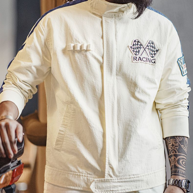 美式復古拼色刺繡賽車夾克F1車手服休閒棒球領外套男春