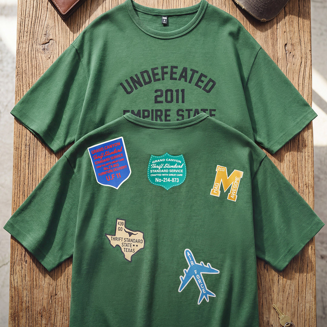 美式章仔印花T恤綠色小衆圓領正肩設計感短袖上衣男款夏