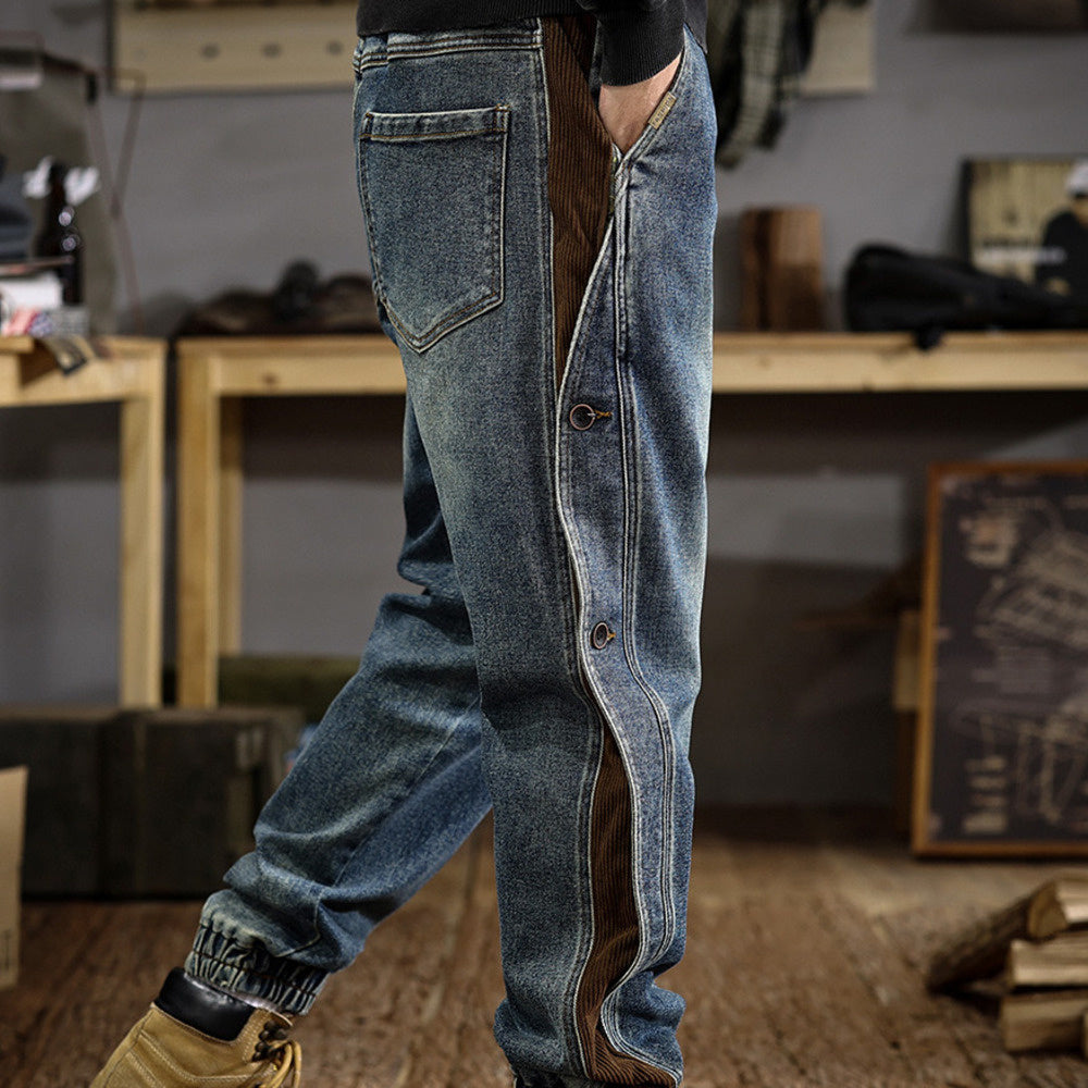 高級感排扣設計牛仔褲男寬松束腳潮流百搭美式復古撞色哈倫休閑褲