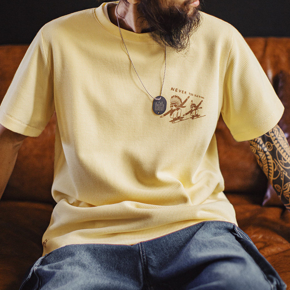 美式復古華夫格圓領短袖T恤阿美咔嘰印第安印花上衣男夏